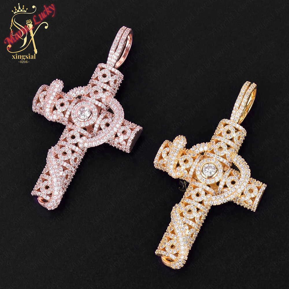 Hot Sale GRA Past Test High Quality 925 Silver Gold Plated VVS Brilliant Cut Moissanite Iced Hollow Cross Snake Pendant Necklace Unisex Hip Hop Stat