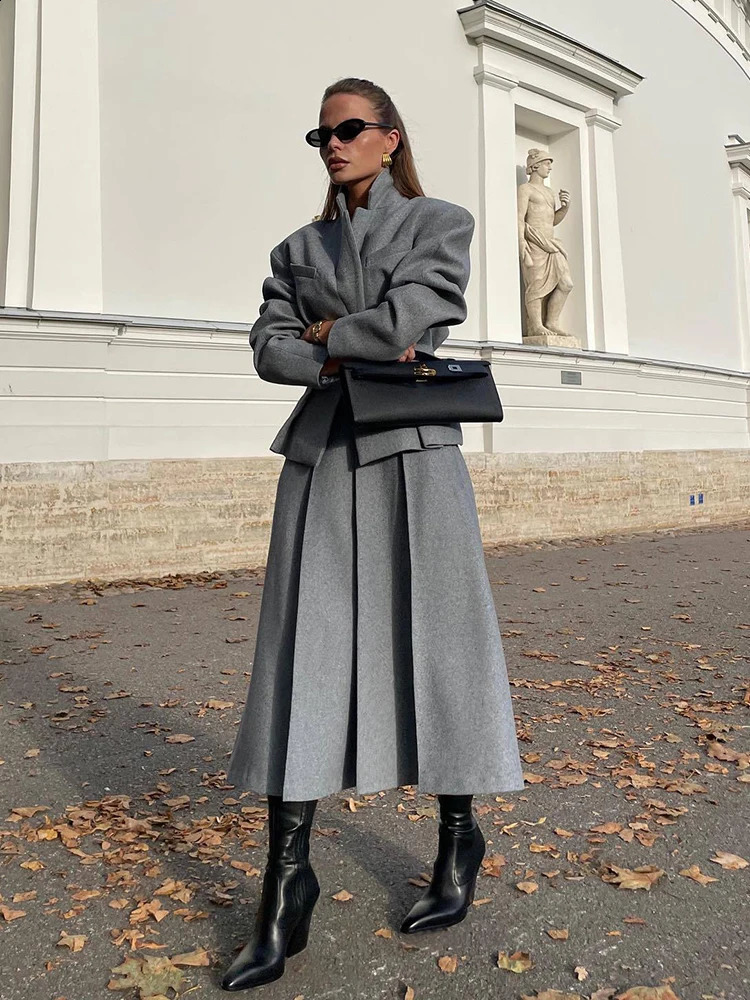Autumn Winter Lady Office Two-piece Set Woolen Coat Skirt Set Women Lapel Hidden Buckle BlazersHigh Waist Pleated Skirt Outfits 260916