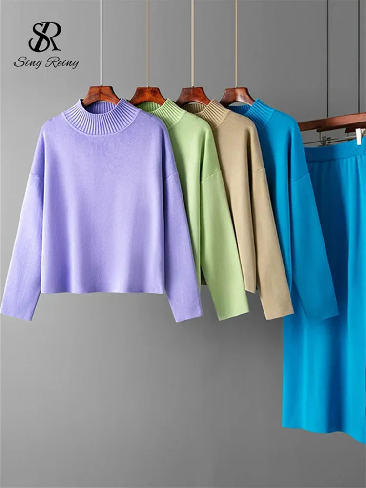SINGREINY Fashion Autumn Sweater Two Pieces Suits Women Loose Warm PulloversSplit Long Skirt Winter Casual Knitted Sets 260916