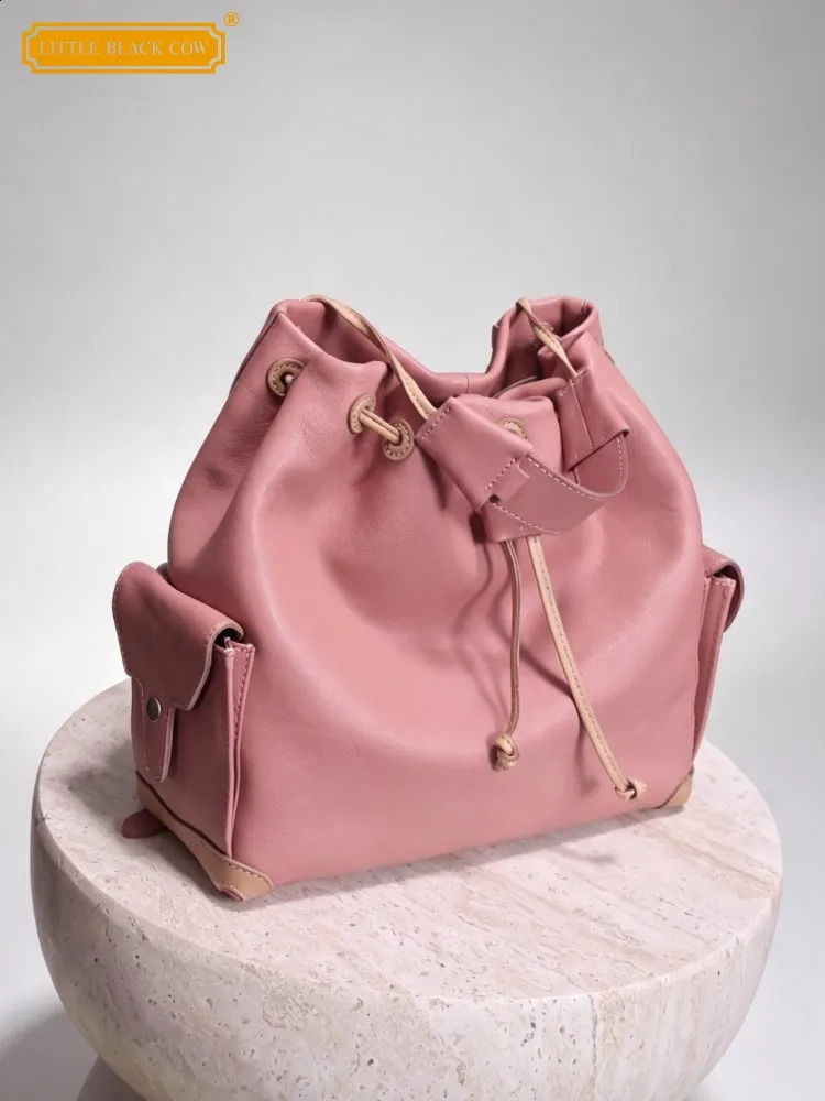 Women Genuine Leather Single Shoulder Bag Versatile Drawstring Bucket Bags Fashion High Quality Handmade Cowhide Handbag 260915