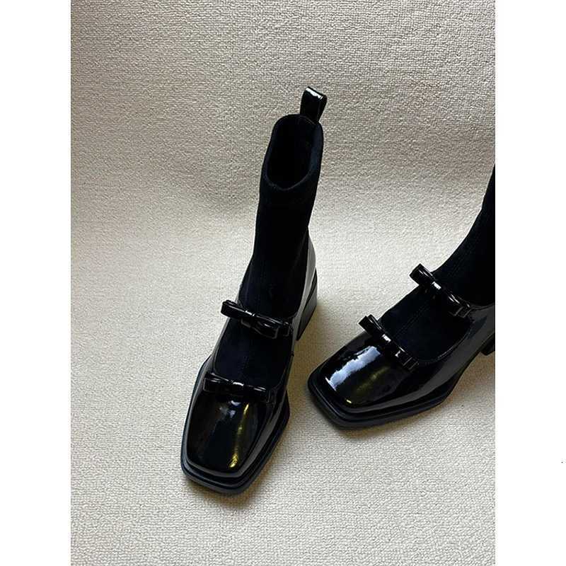 patchwork French bow style square elastic slim boots for women with thick heels and short boots for women D260916
