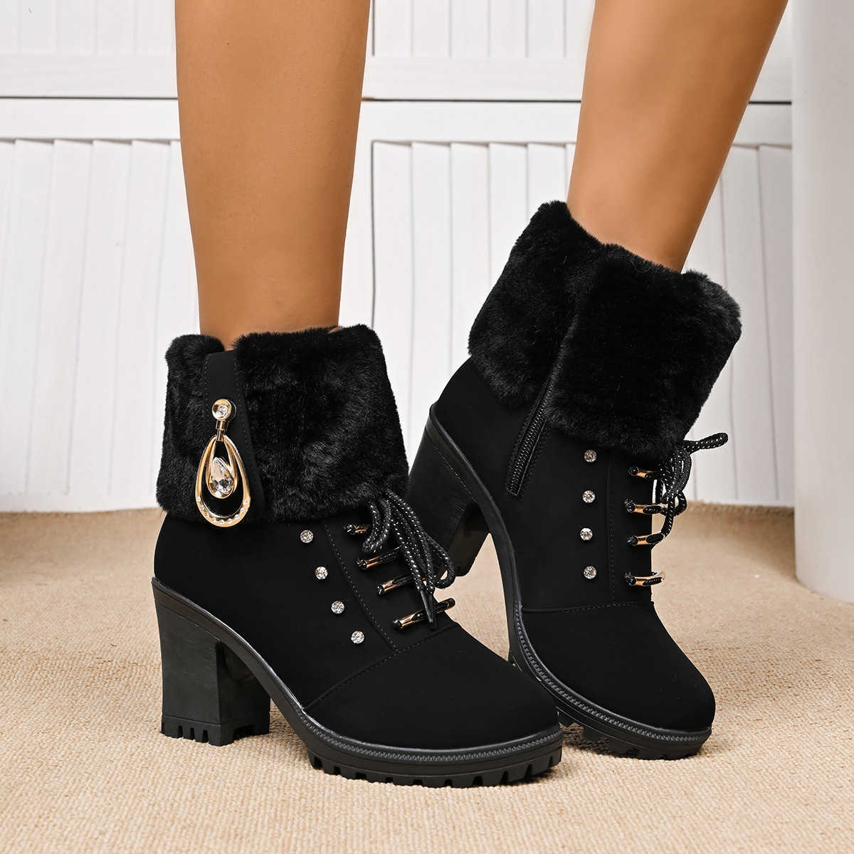 velvet plus 2025 warm new women's shoes round toe thick heel high heel short tube suede side zipper boots D260916