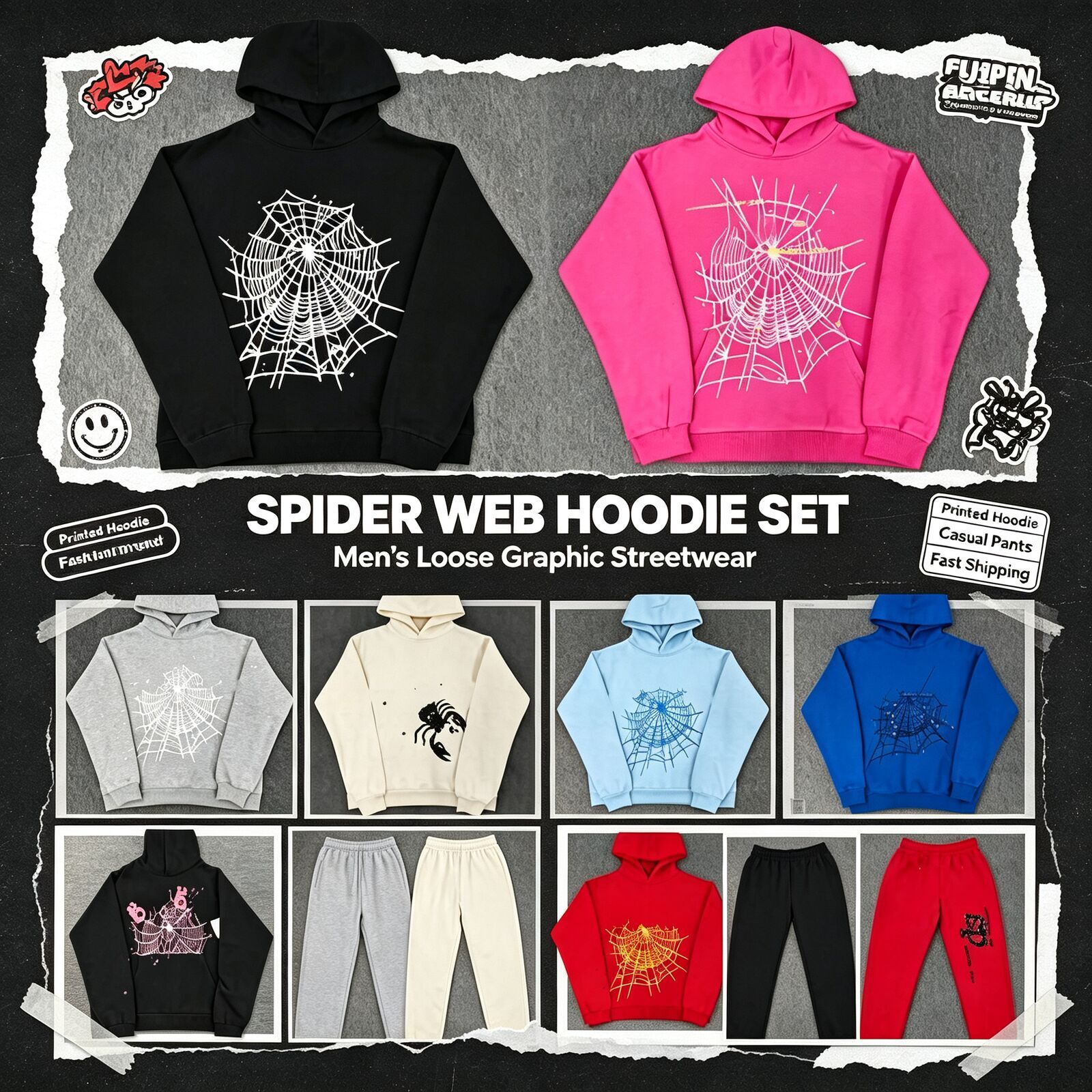 Designer spider Hoodie Oversized Tracksuit Graffiti Letter Print Hoodie young thug Sweatpants Set Vintage Y2K Hip Hop Streetwear Unisex Casual Daily