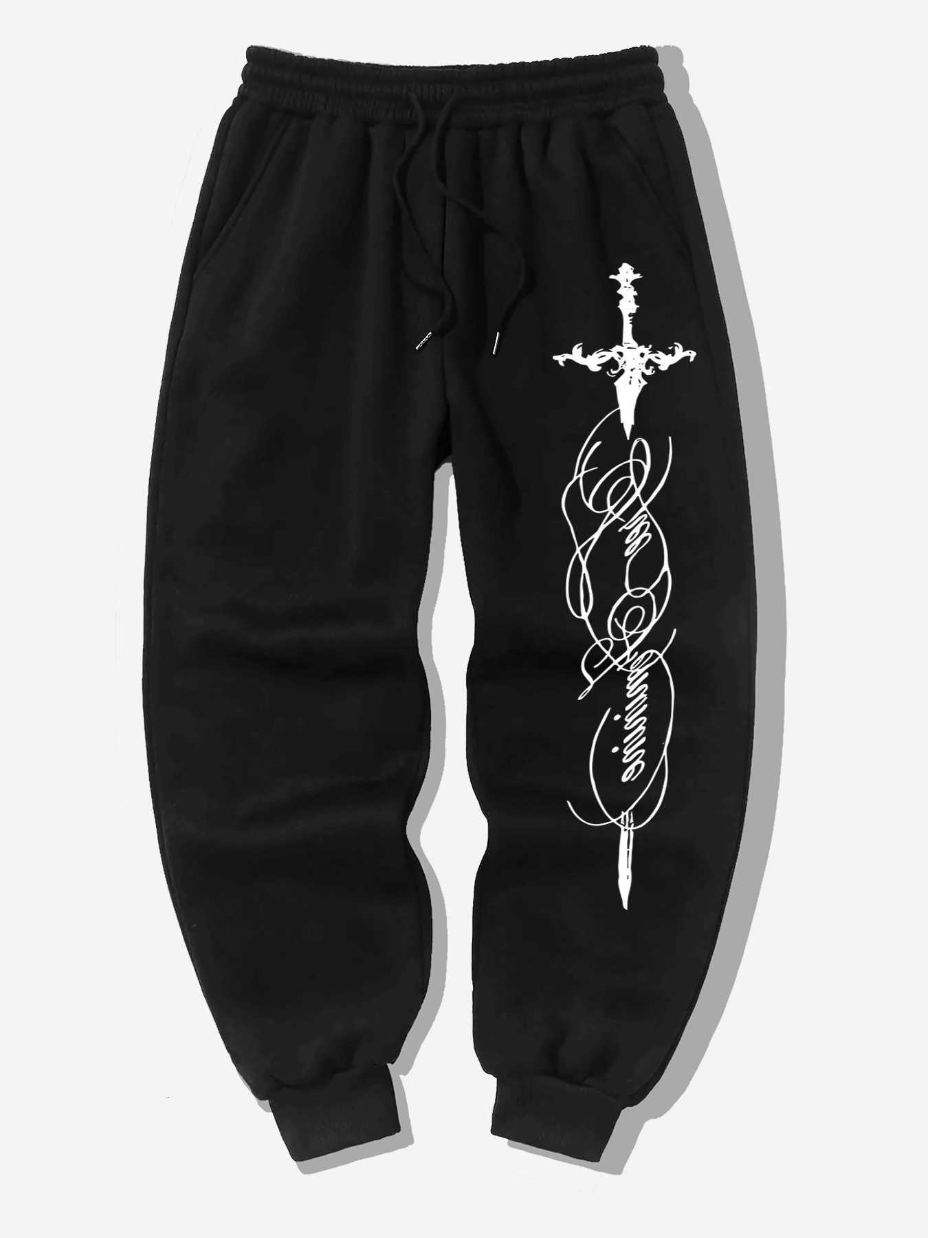 Gothic Cross Sword Cursive Men Script Graphic Jogger Pants Elastic Waist Drawstring SweatpantsLooseDarkVintageStreetwearTrousers D260916