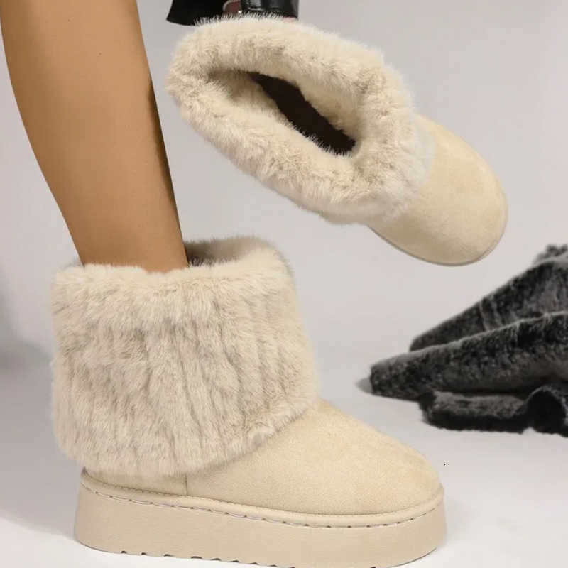 for Women Winter Slip Shoes on Women's Boots Black Round Toe Solid Flock Plush Warm Mid Heel Water Proof Casual Snow Boots Women D260916