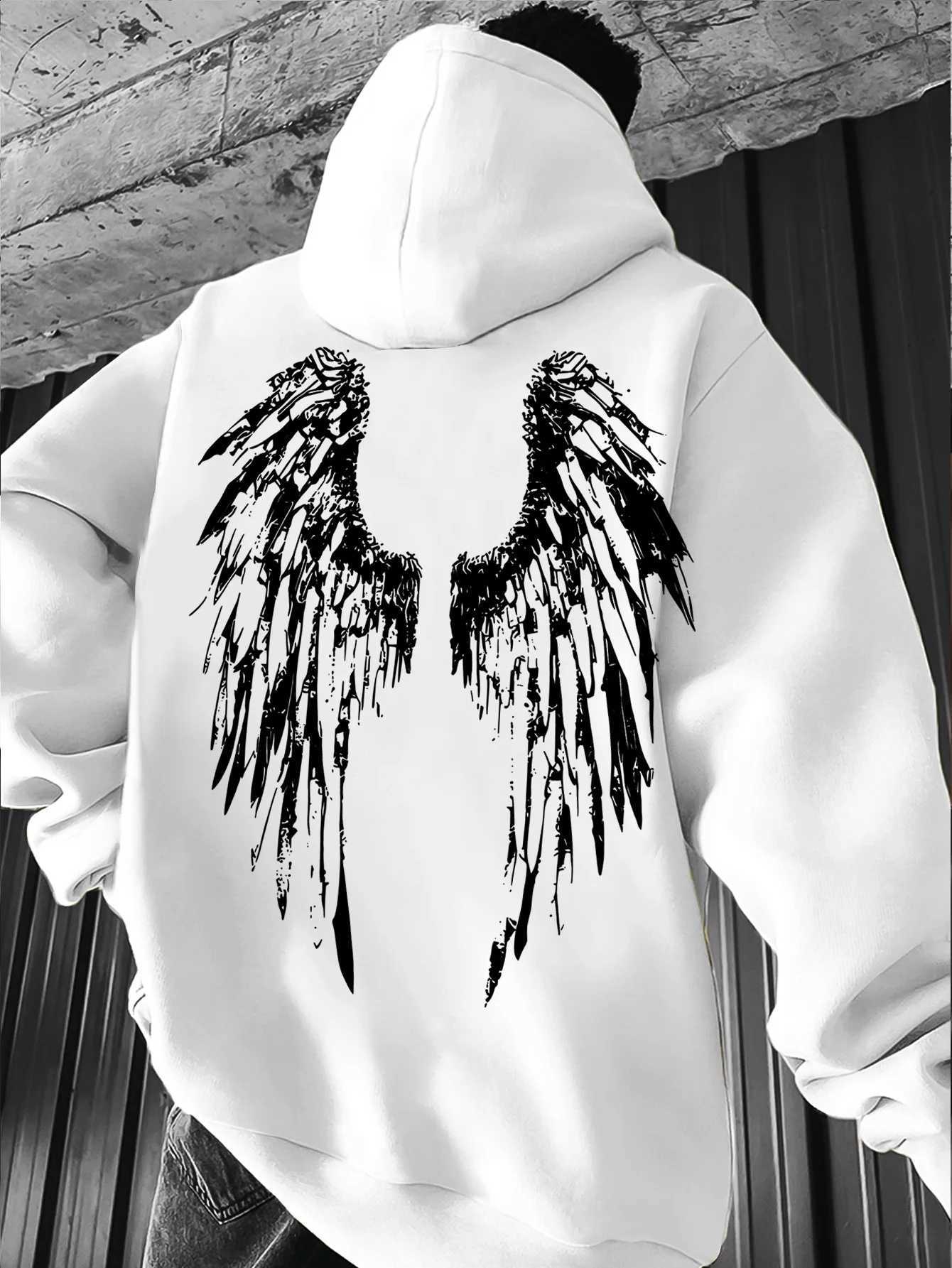 DoubleSided Mens Gothic Street Hoodie Angel Design Front Warrior Angel Print Back Big Distressed Angel Wings Art Longsleeve Pullover Hooded Sweatshi