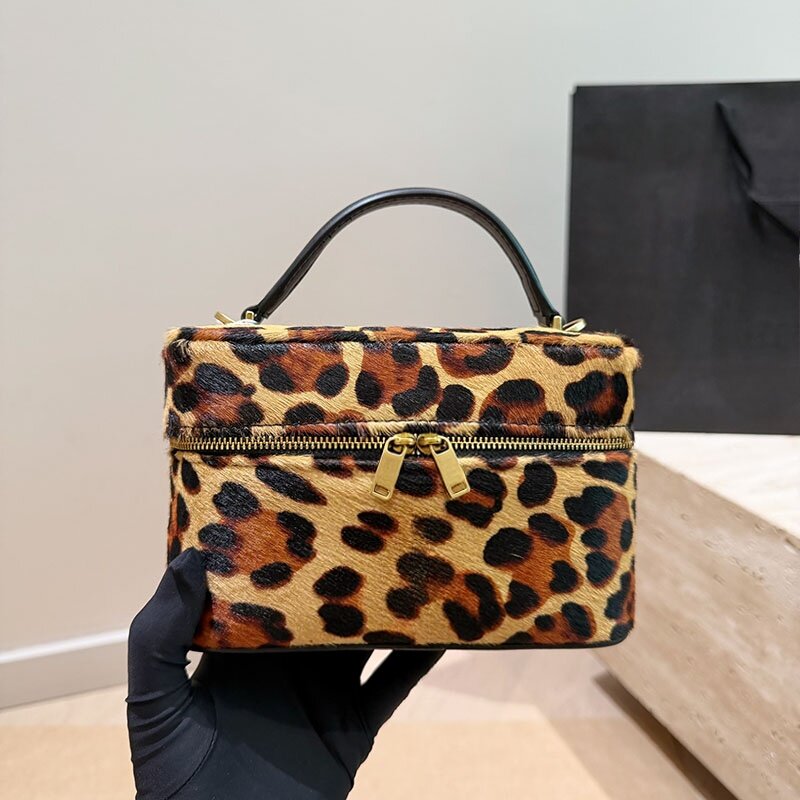 Vintage Leopard Horsehair Designer Ladys Crossbody Makeup Box Bag Card Holder Vanity Bags Casual Tote Shoulder Outdoor Sacoche Purse 18/22cm