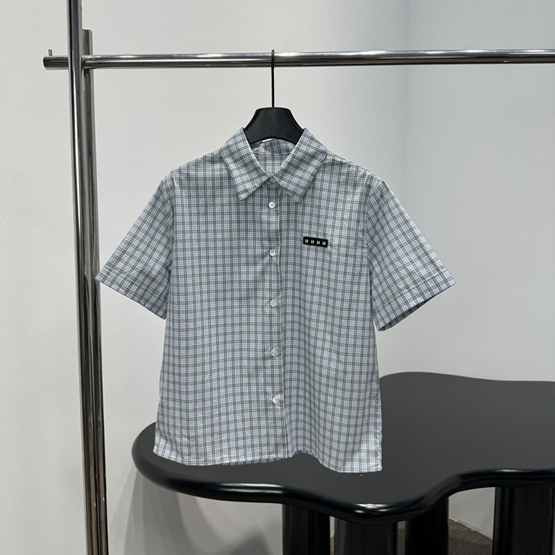 Women Plaid Polo Shirt Tees Designer Light Blue Short Sleeve Vintage College Style Breathable Versatile Blouse