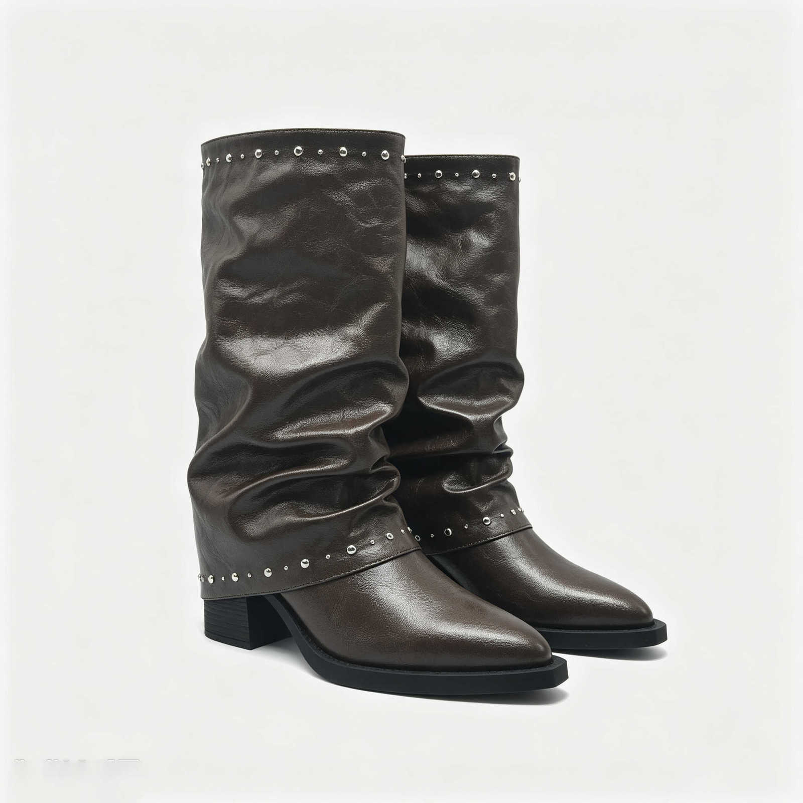 Leather Women's Vintage Slouch Boots Look Block Heel Boots Stud Decor Elegant fashion Shoes D260916