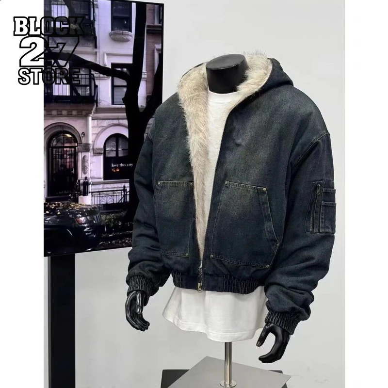 Mens Jacket Harajuku Hooded Denim Cotton Coat Washed Heavy Fleece Thick Fur Collar Vintage Warm Autumn Winter Streetwear Fashion 260916