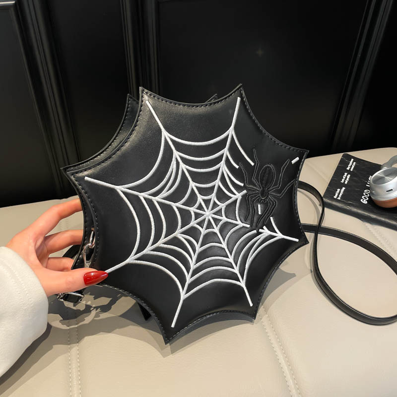 Gothic Embroidery Spiderweb Shoulder Bag Cute Halloween Small Octagonal PU Leather Handbags Unique Designer