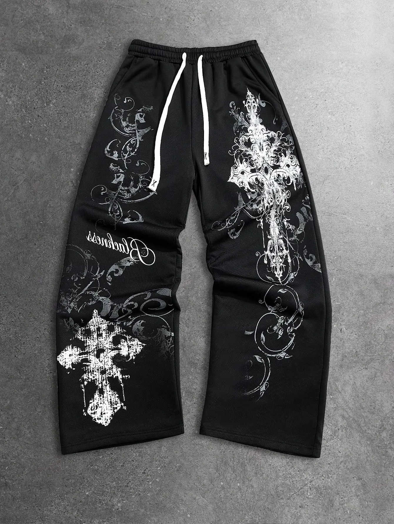 Cross Men Women Dark Gothic Print Straight Leg Jogger Pants Retro Baroque Floral Y2K Hiphop Street Fashion Casual Long Trousers D260916