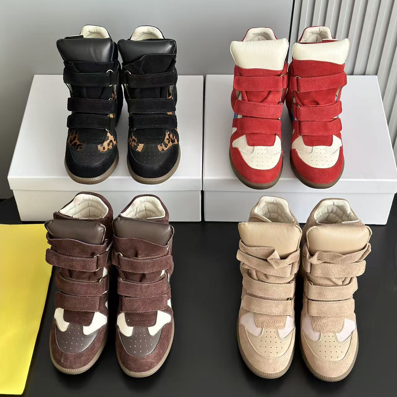 Designer Suede High Top Sneakers Leather Wedge Velcro Sports Shoes Round Toe Women Suede Boots Thick Heel Liner Tongue Sports Shoes