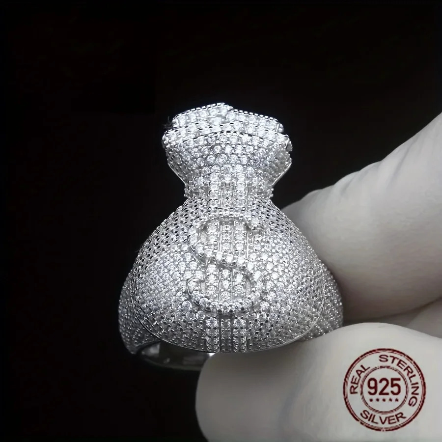 Unique Mens 925 Sterling Silvery Icy Out Money Bag Baguette Rings Dollar Sign Hip Hop Ring for Male Fashion Jewelry 260915