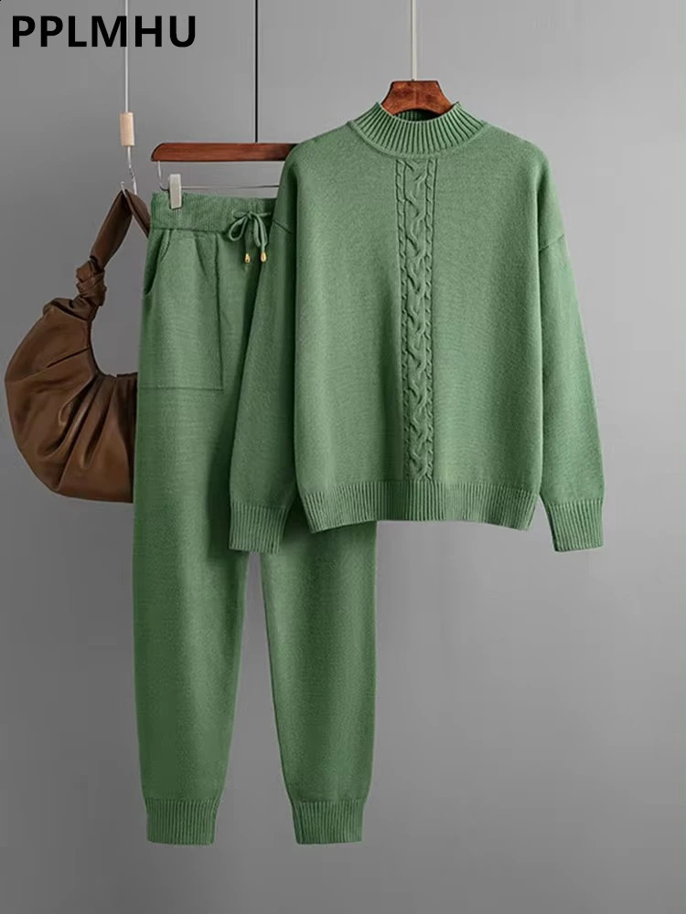 Fall Winter Sweater 2 Piece Sets Women Casual Half Turtleneck Knit Pullover Tops Conjuntos High Waist Harem Pants Suits 260916