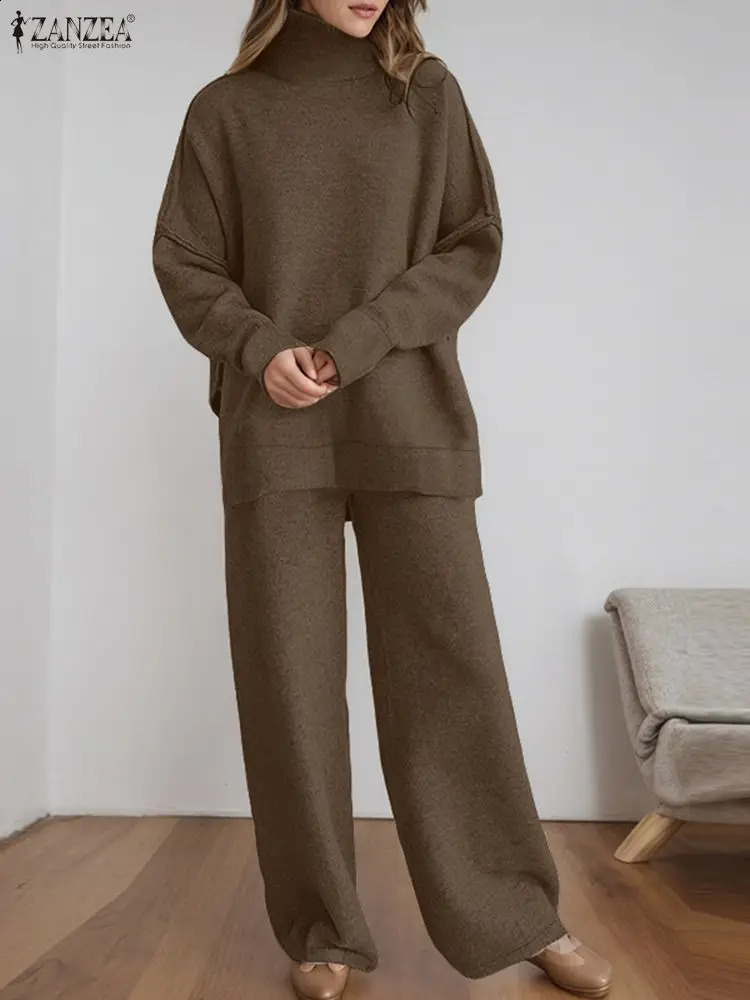 ZANZEA Women's Knitted 2 Pieces Pant Sets Casual Loose Turtleneck Long Sleeve Pullovers and Wide Leg Pant Suits Daily Outfits 260916