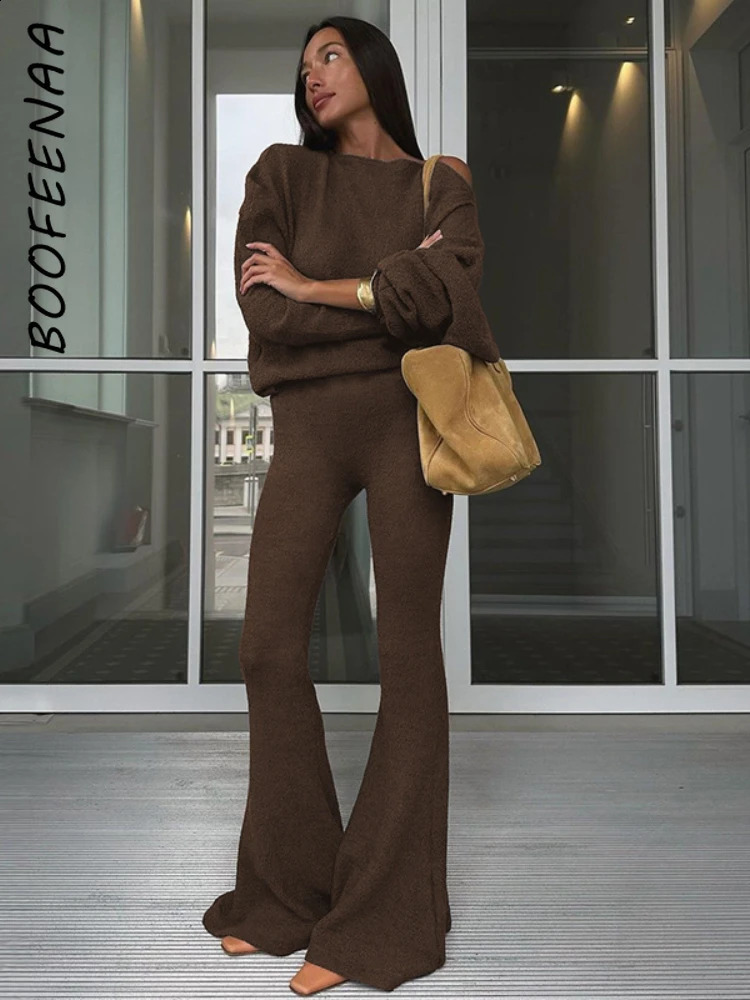 BOOFEENAA Women 2 Piece Set Outfit Cozy Knit One Shoulder Long Sleeve Top High Waist Flare Pants Set Winter Woman 2026 C95-EE50 260916