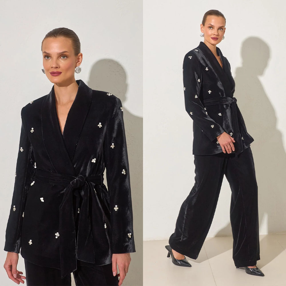 Winter Velvet Women 2 Pieces Pants Suit Rhinestone Beaded Tuxedos Jacket With Waistband Customized Wedding Guest Formal Occasion Blazer Pants Sets