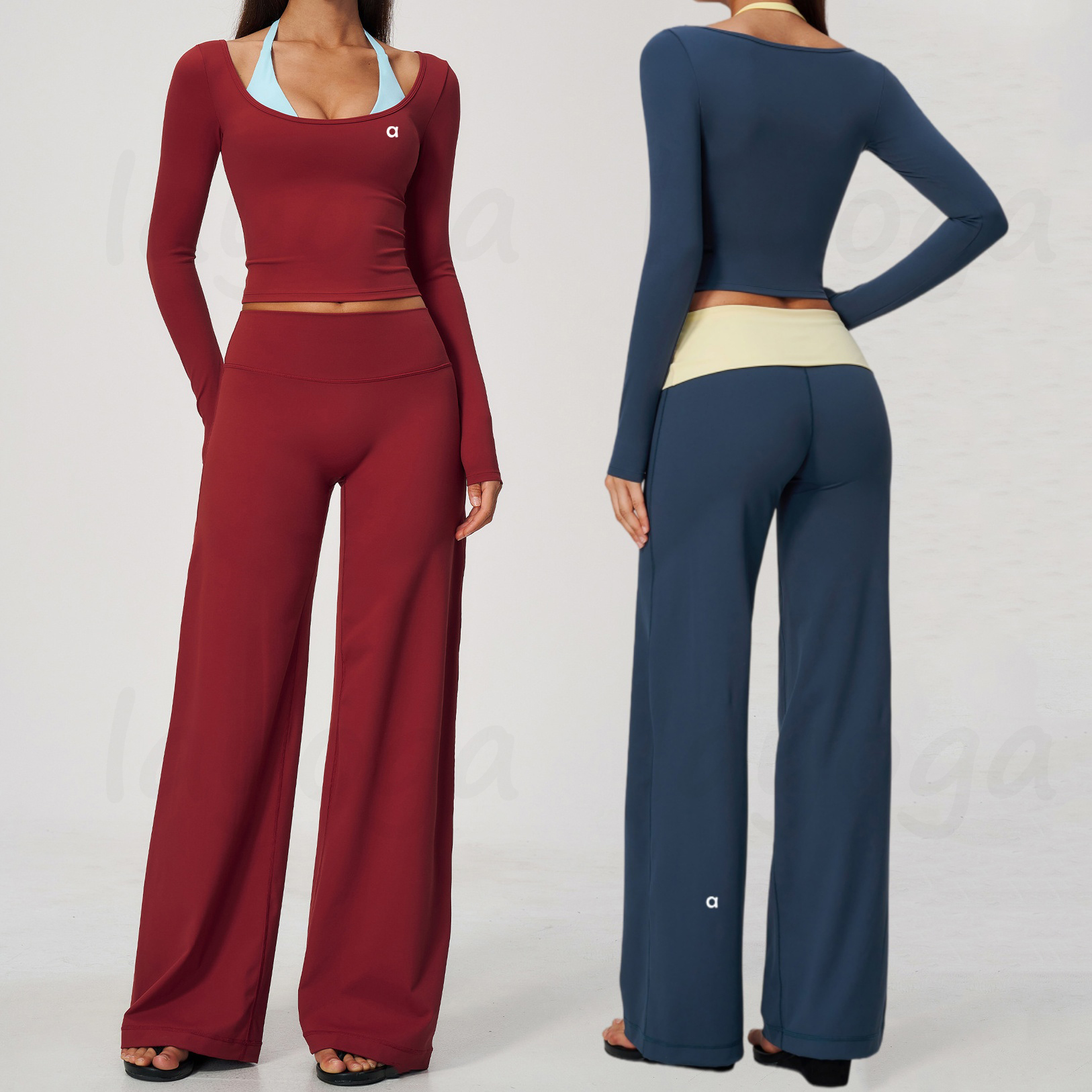 2026 New Women Yoga Set Fake Two Piece Design Halter Cami Top Quick Dry Breathable Sports Long Sleeve High Waist Butt Lifting Foldover Waistband Wid