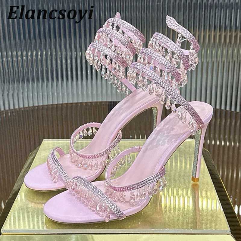 High Heels Sandals Women Shiny Crystal Pendant Ankle Snake Twine Around Prom Shoes Summer Fashion Stiletto Bohemian Sandalias Q260916