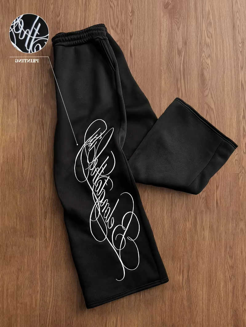 Men's 2026 Trends New Fashion Black Letter-printed Trousers Pure Cotton Straight-leg Pants Casual Elastic Waist Jogger Pants D260916