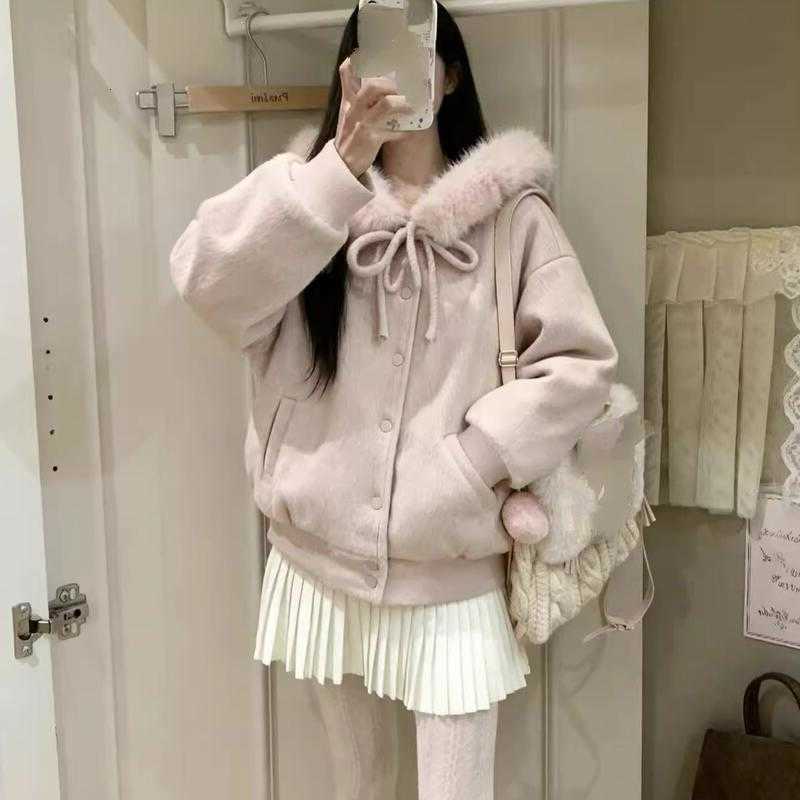 Bow Sweet Girl Fur Collar Hooded Woolen Thick Coat Women's Winter New Warm Cotton Padded Jacket Versatile Winter Clothes CuteT260916