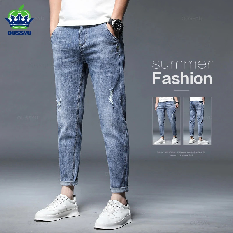 High Quality Summer Stretch Cotton Hole Men's Ankle Length Jeans Streetwear n Denim Pants Korea Casual Trousers Male 260916