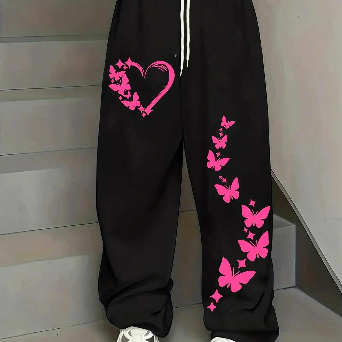 Summer Spring Women's Plus-size Butterfly Print Loose Straight Leg Sweatpants Trendy Streetwear Stylish Versatile D260916