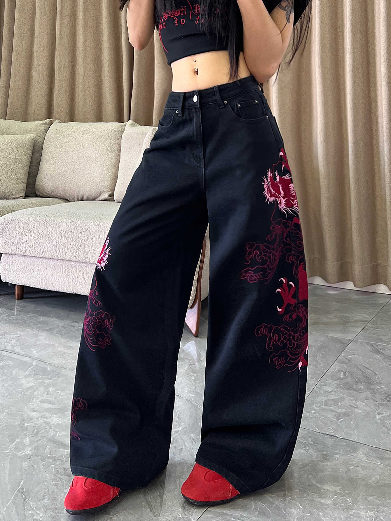 European And American Style Traditional Chinese Red Dragon And Auspicious Cloud Embroidery Y2K High Waist Wide Leg Black Pants D260916