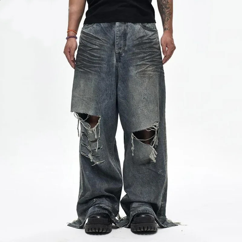 MWJLPWQ Mud-Dyed Destruction Washed Distressed Baggy Jeans Men's Destroy Style 2026 Autumn Street Loose Wide Leg Pants 16609 260916