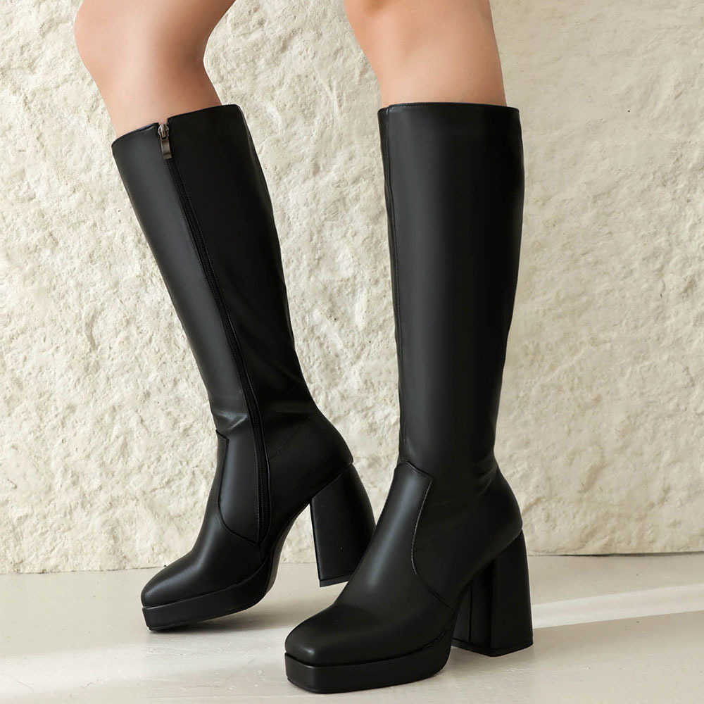 Size Plus 48 New Classic White Knee High Boots with Zipper Vintage y2k Black Block High Heels Platform Boots Women Shoes D260916