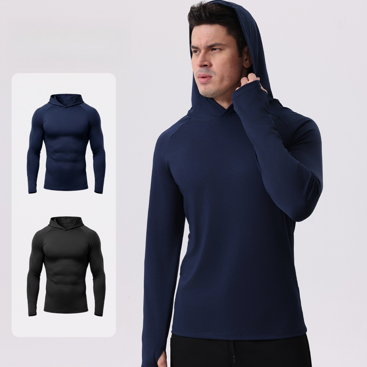A-28068 Hooded Sweatshirt Men Thin Sportswear Tops Outdoor Casual Wear Running Breathable High Elastic Quick Dry Fitness Clothing Long Sleeve