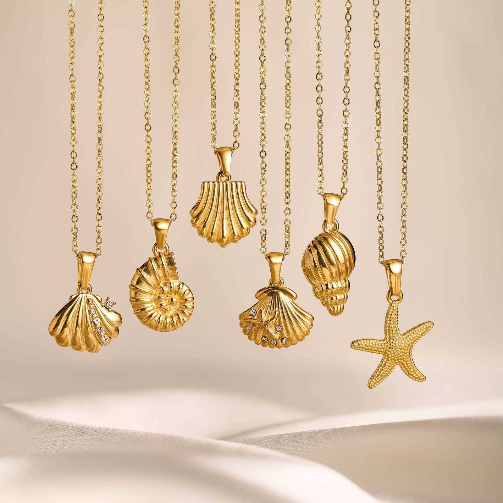 Starfish Conch Women's Shell Necklace Fashion Stainless Steel Gold Color Choker Waterproof Summer Beach Ocean Jewelry GiftsT260916