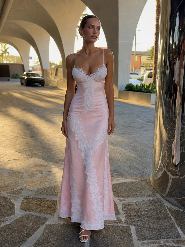 Elegant Pink Strap V Neck Satin Maxi Gown Women Contrast White Lace Panel Slim Bodycon Formal Summer Evening Party Gown Vestido 260917