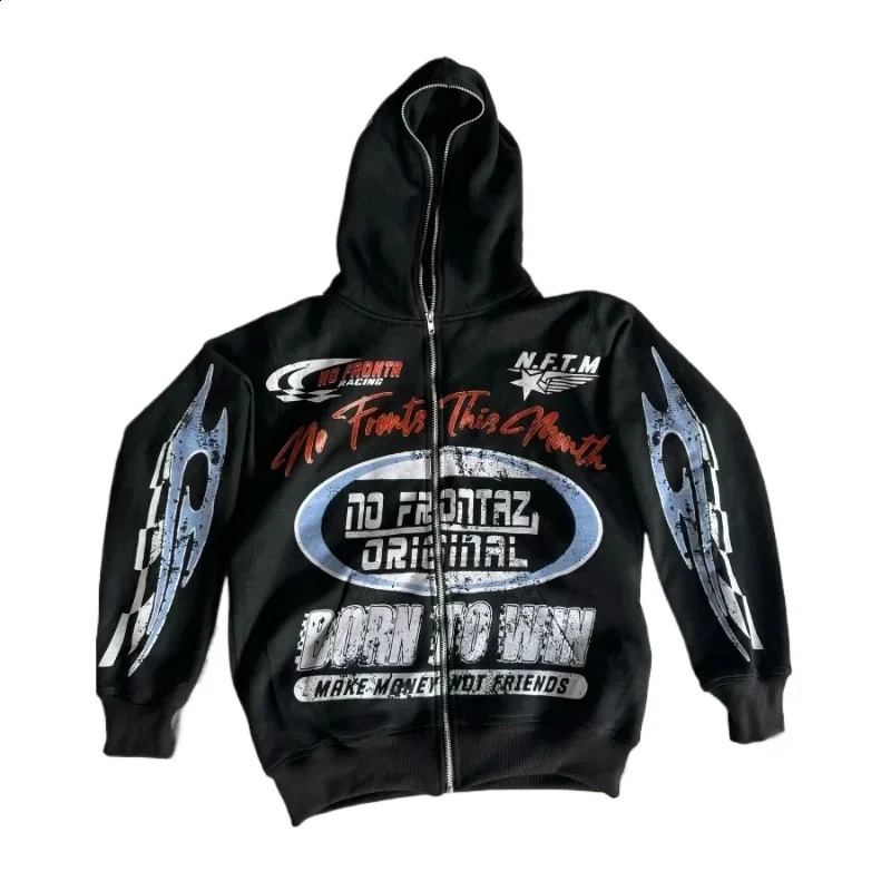 Hip hop letter racing element style men clothing n printed zipper cardigan Y2k retro Gothic couple casual hoodie traf 260917