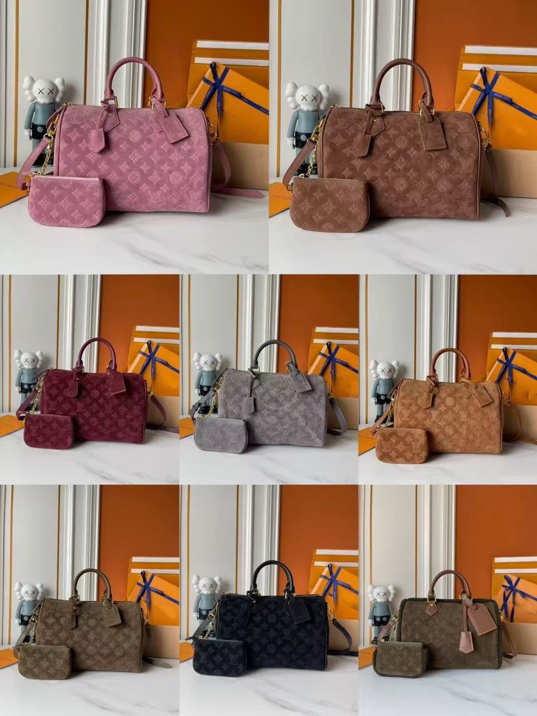 Women's retro caramel suede bucket handbag with embossed letter texture, detachable mini bag and adjustable shoulder strap, top handle luggage