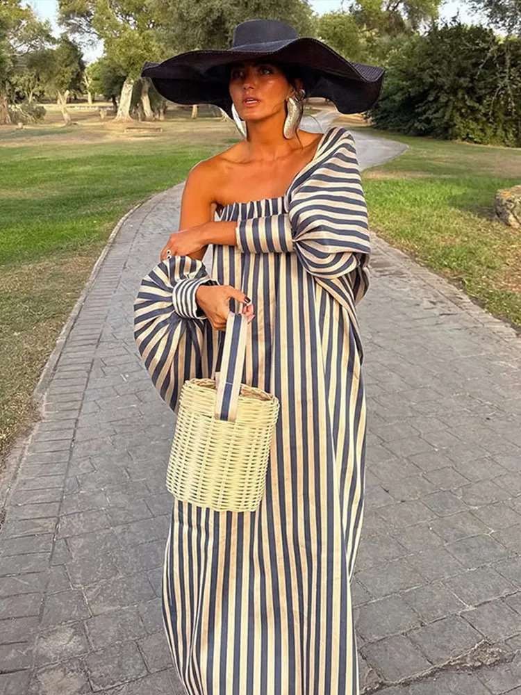 Elegant Stripe Long Dres Loose Full Sleeve Off Shoulder Slash Neck Party Dresses Female 2026 Summer Autumn Robe Lady 260905