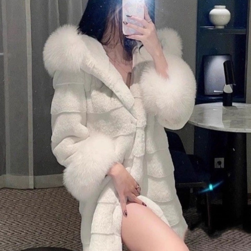 Women Mid Length Hooded Winter Coat Horizontal Panel Cut Oversized Hood Trim Voluminous Cuff Open Front Loose Straight Silhouette Elegant Outer Garm