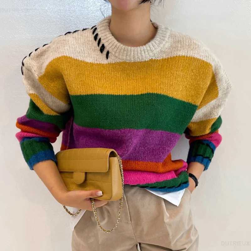 Chic Vintage Contrast Oversized Sueter Fairy Grunge Pullover O Neck Rainbow Sweaters Winter Striped Knitting Sweater Women S260917GODY