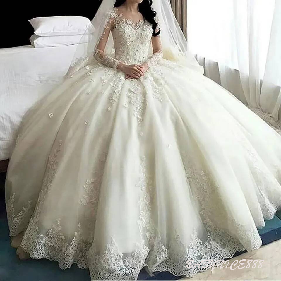 White Wedding Dresses Ivory Bridal Gowns Formal A Line Applique Custom Zipper Lace Up Plus Size New Floor Length Long Sleeve Illusion O Neck Tulle B