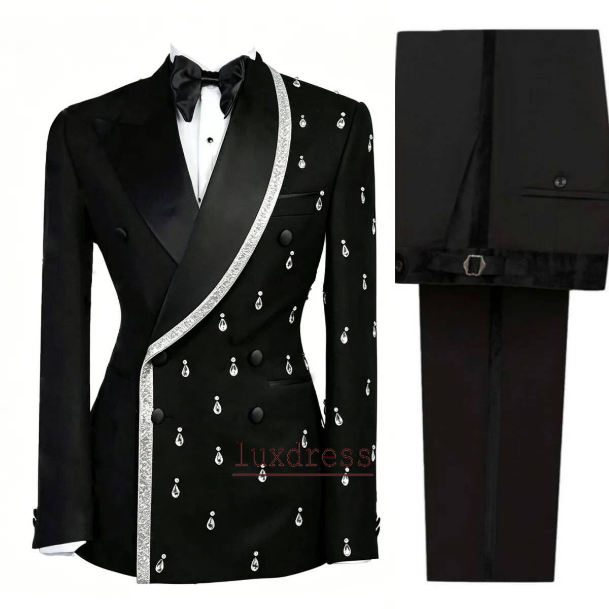 Design Wedding Tuxedoes Crystal Shawl Lapel Plus Size Men Suit Fashion 2 Piece Set Jacket Pants Evening Blazers Customized