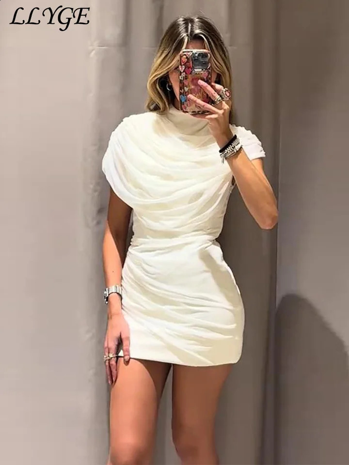 Elegant Mesh Shawl Short Dress Women Pleated Half High Collar Sleeveless Female Dresses Spring Lady Chic Party Gowns 260917