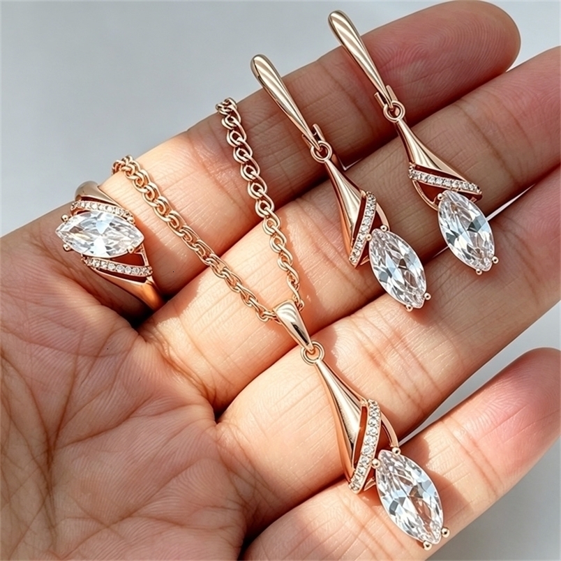 Kinel Shiny White Rhombus Natural Zircon Ring Earrings Necklace Fashion 585 Rose Gold Color 3Pcs Daily Fine Women Jewelry Sets 260916