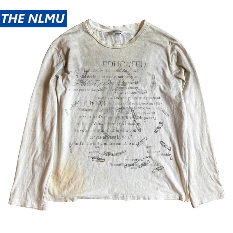 Vintage Long Sleeve T Shirts Letter Graphic Dirty Washed T-shirts Loose Casual Tee Tops Unisex Retro Tshirts Y2K 260916