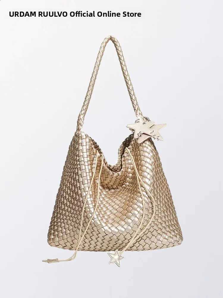 UR Champagne Gold Woven Tote Bag Women's Versatile Basket Bag Single Shoulder Underarm Bag Casual Simple Style Commute H260916