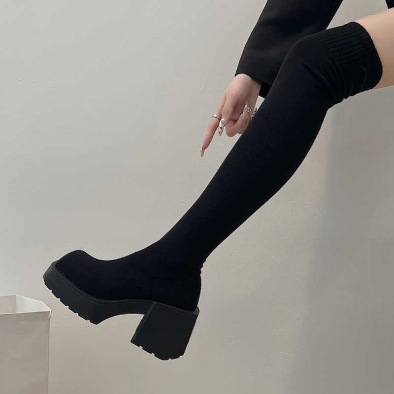35-40 Winter Women's Over Size The Knee Sock Boots Stretch Knitted Thick Heels Long Boots Woman SlipPlatform Shoes D260917