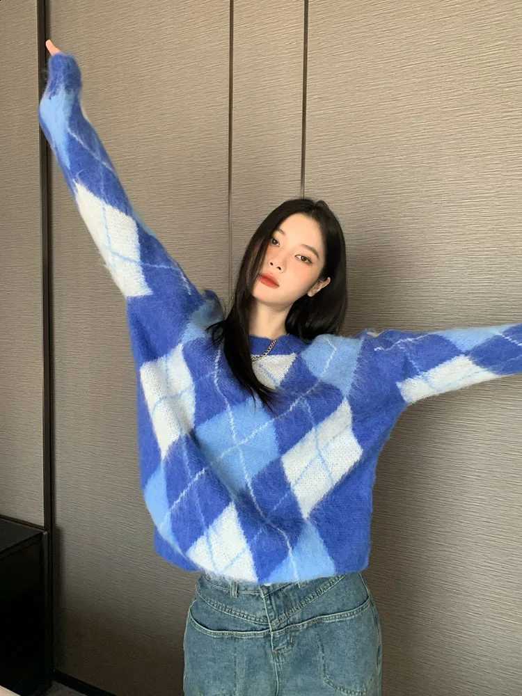Sweater Korean Fashion Plaid Oversize Retro Vintage Clothes Autumn Winter Checkerboard Knit Jumper Blue Pullover J260916