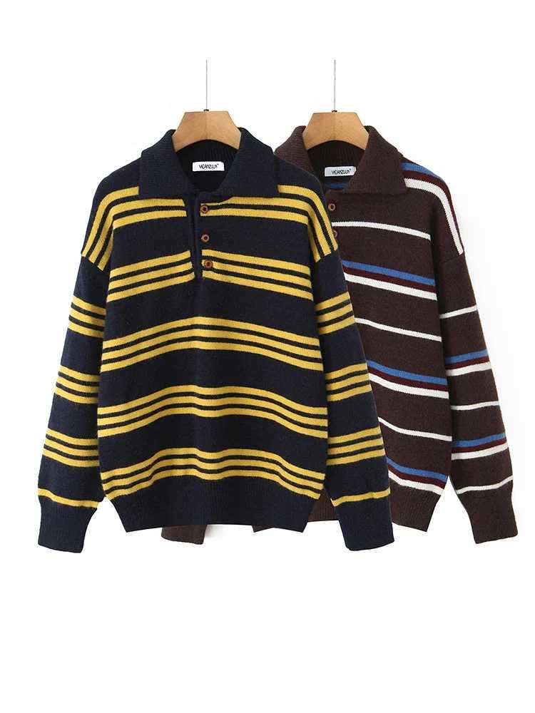 Women's Retro Striped Turn-Down Collar Knit Sweater Pullover Loose Fit 2 Colors S260917X4QY