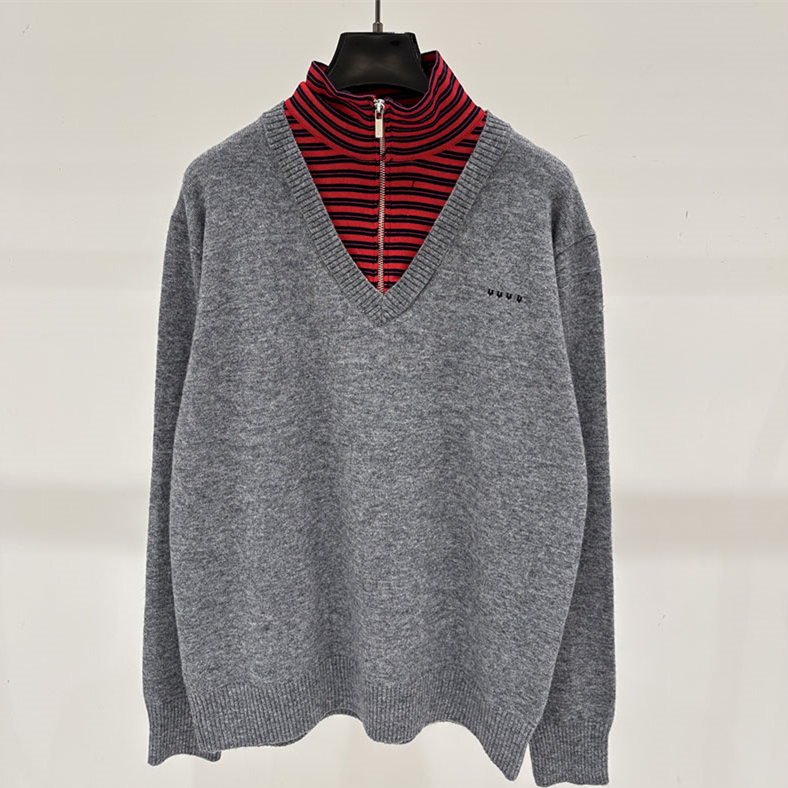 Vintage Women Fake Two Piece Knit Pullover Casual Panelled Striped Collar Half Zipper Loose Gray Sweater Autumn Street Stroll Commute Knit Sweatshir