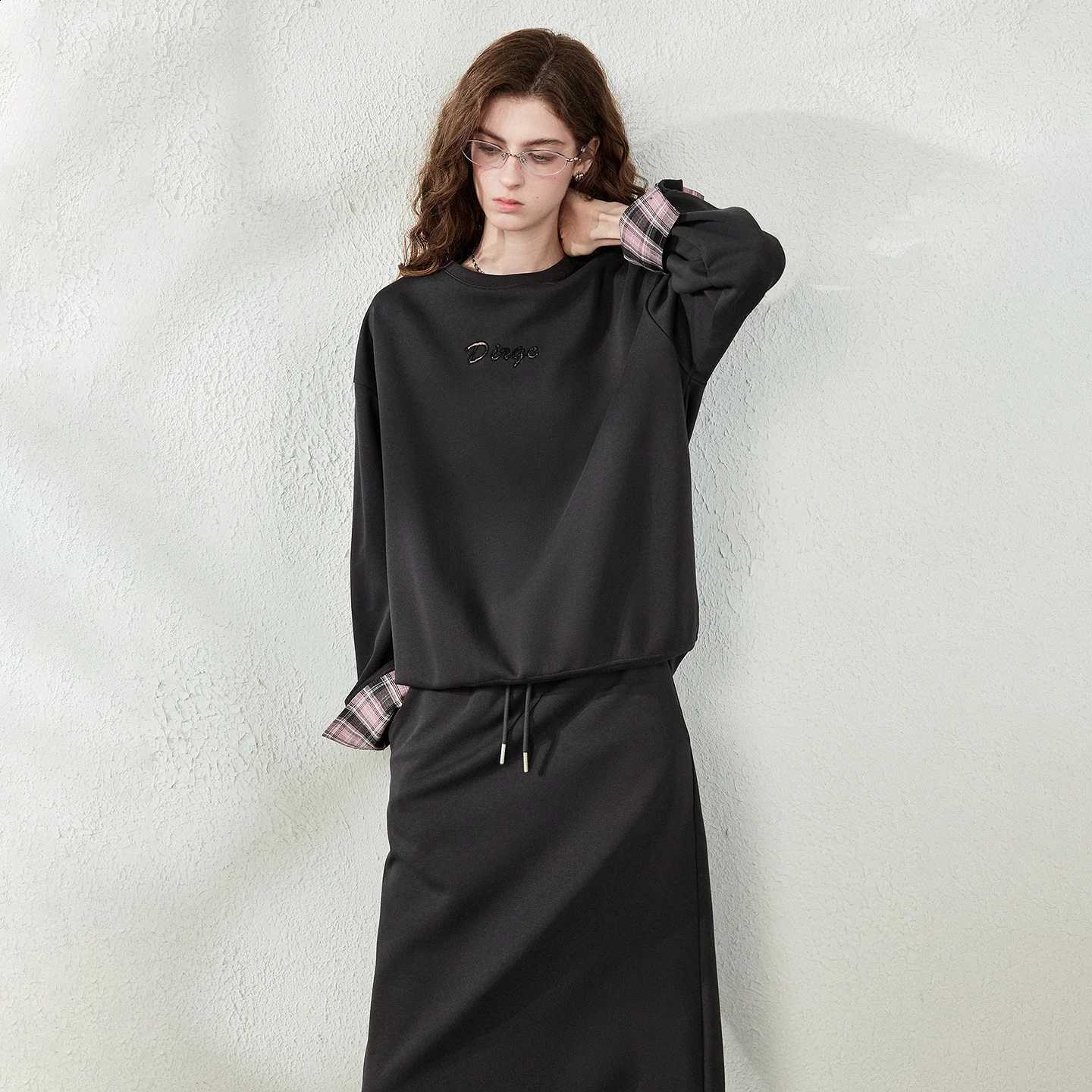 Women TwoPiece Set 2026 TOYOUTH Winter New Crew Neck Loose Sweatshirt Plaid Splicing Vintage Skirt OutfitW260915